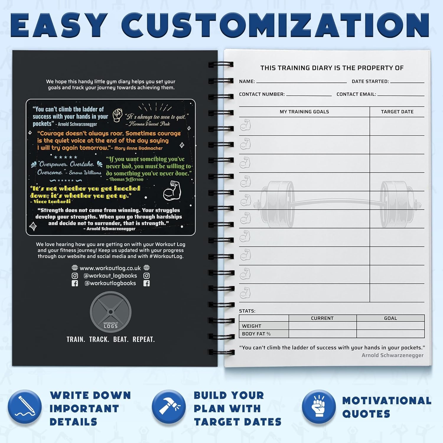 Daily Fitness Tracker and Goal Setting Planner - A5 Size (6” x 8”), Charcoal Gray - Personal Home and Gym Training Journal for Men and Women