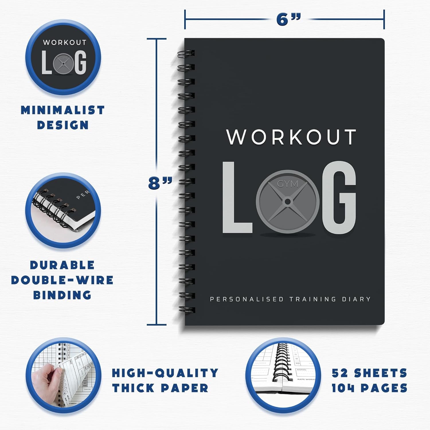 Daily Fitness Tracker and Goal Setting Planner - A5 Size (6” x 8”), Charcoal Gray - Personal Home and Gym Training Journal for Men and Women