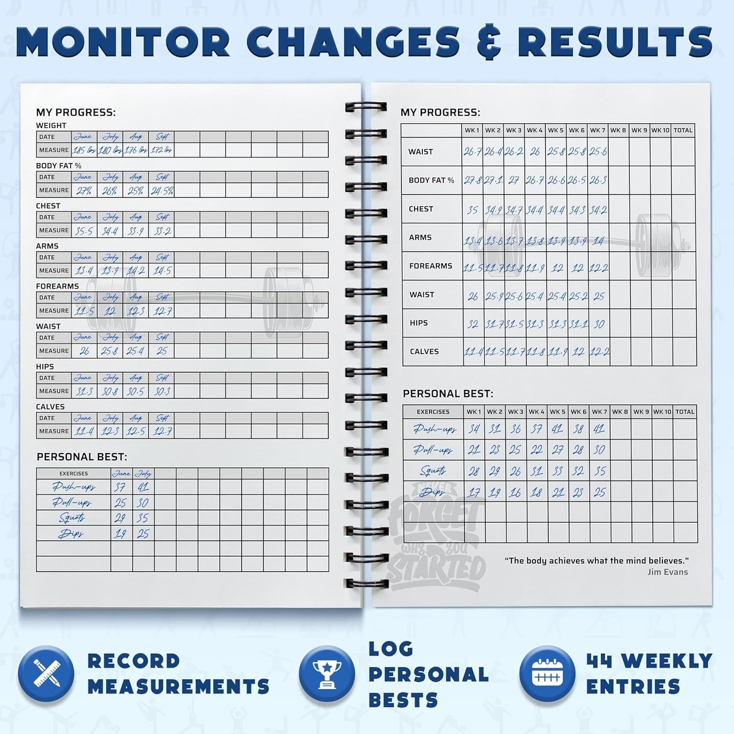 Daily Fitness Tracker and Goal Setting Planner - A5 Size (6” x 8”), Charcoal Gray - Personal Home and Gym Training Journal for Men and Women
