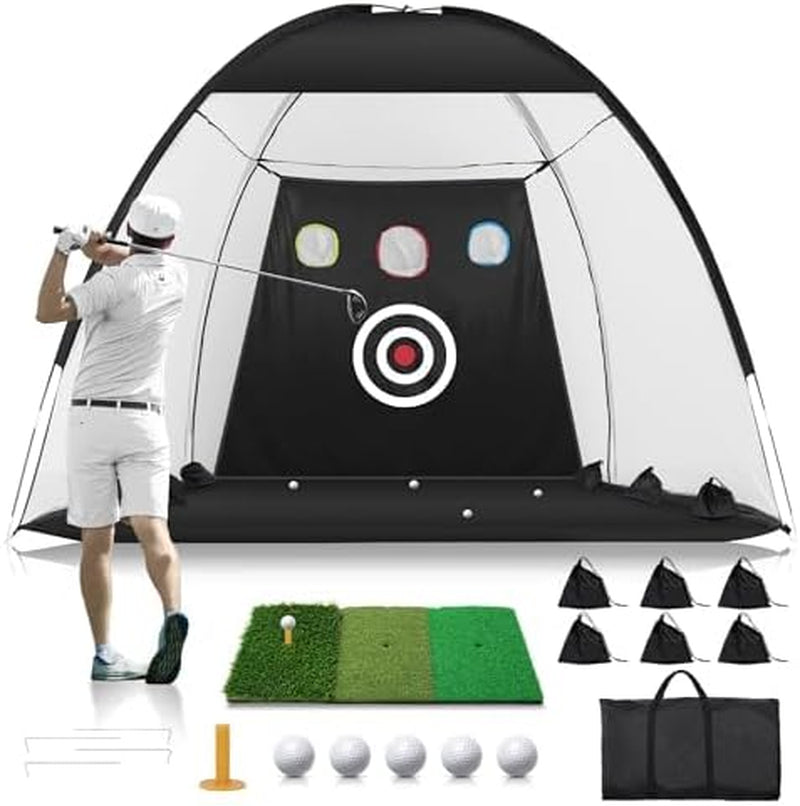 Golf Net: 10X7Ft Golf Practice Net for Backyard Driving, Hitting Net with Tri-Turf Mat, Indoor Training Chipping Aid Nets with Reduce Noise Nylon Target, for Golfers