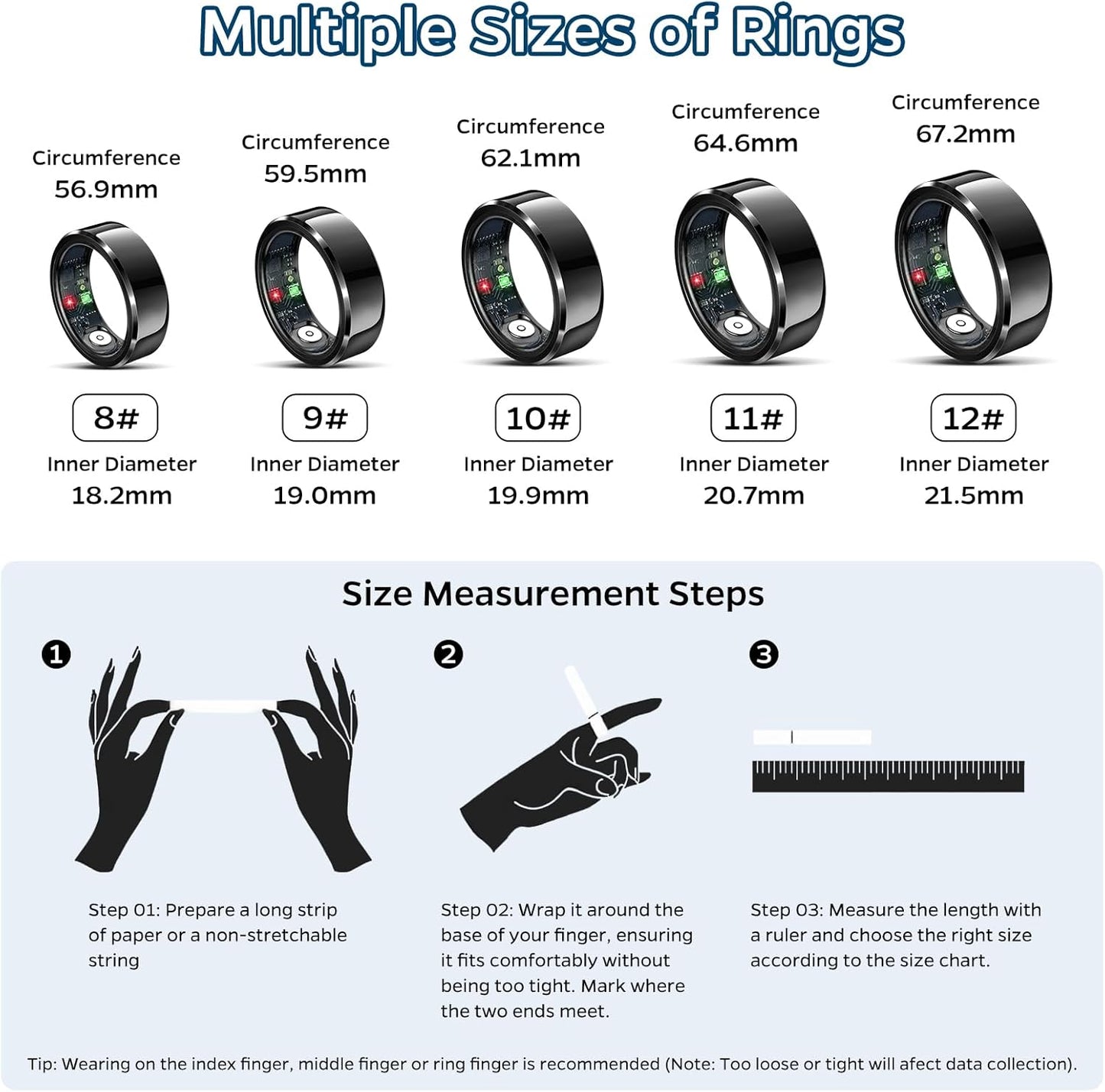Smart Health Tracking Ring with Sleep Monitoring, Heart Rate Measurement, and Activity Tracking Features, Waterproof Design, Air Gesture Control, Up to 7-Day Battery Life, Compatible with iOS and Android (Black, Size #10)