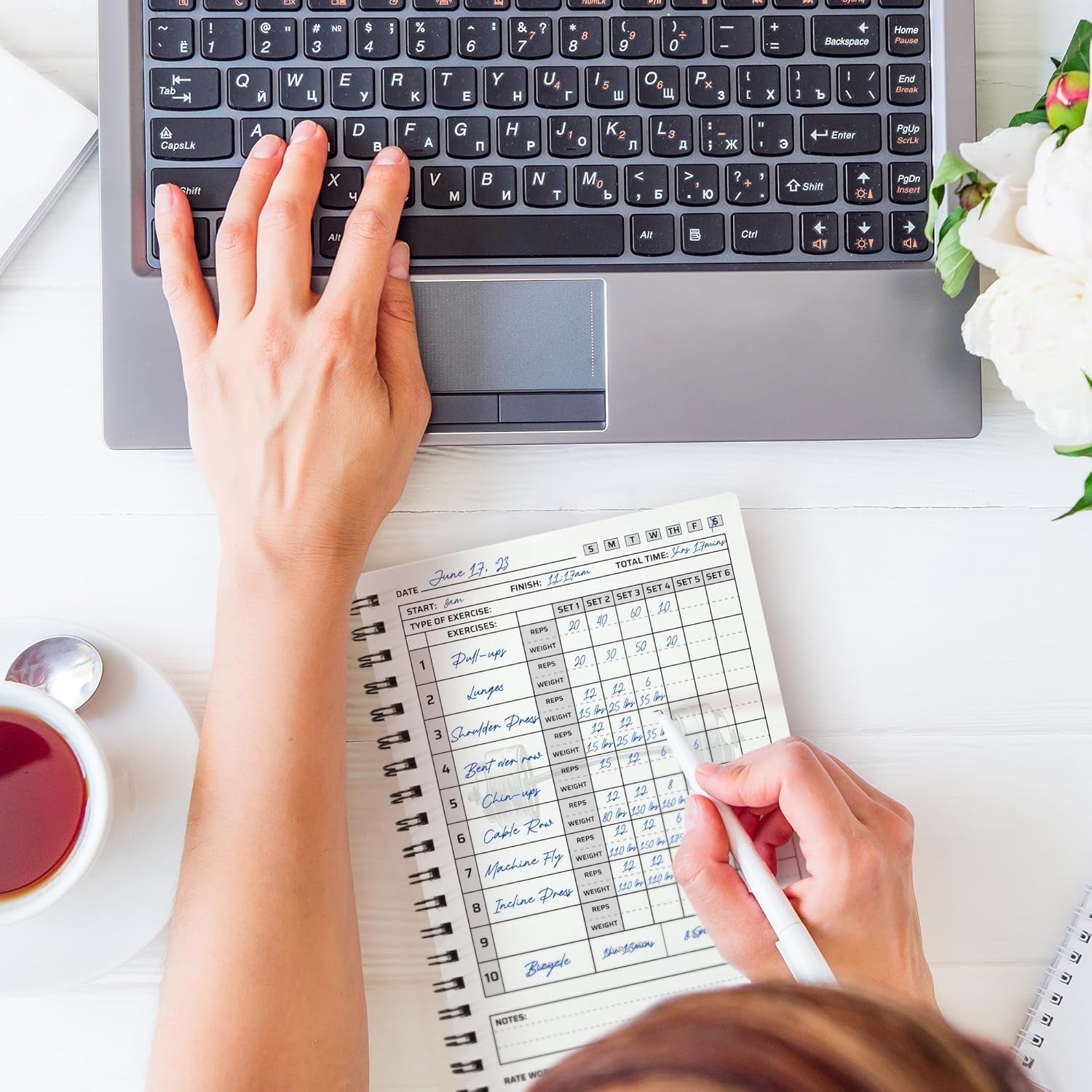 Daily Fitness Tracker and Goal Setting Planner - A5 Size (6” x 8”), Charcoal Gray - Personal Home and Gym Training Journal for Men and Women