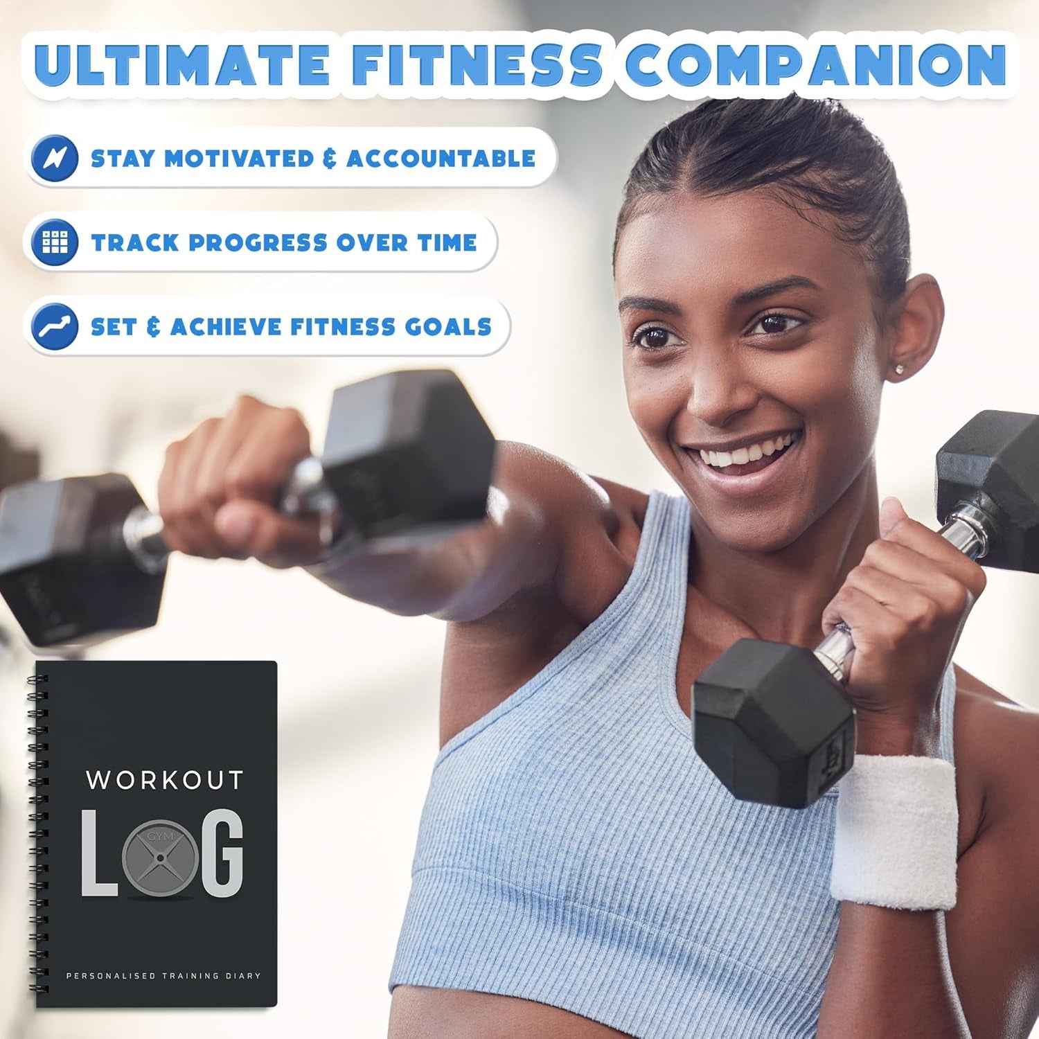 Daily Fitness Tracker and Goal Setting Planner - A5 Size (6” x 8”), Charcoal Gray - Personal Home and Gym Training Journal for Men and Women