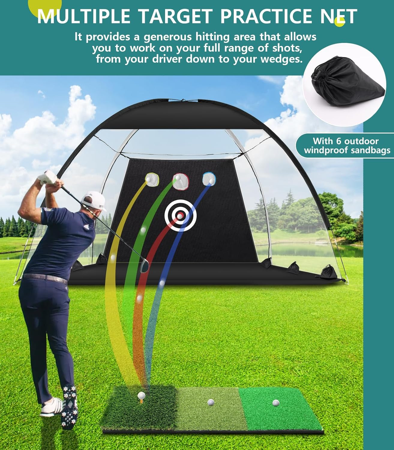 Golf Net: 10X7Ft Golf Practice Net for Backyard Driving, Hitting Net with Tri-Turf Mat, Indoor Training Chipping Aid Nets with Reduce Noise Nylon Target, for Golfers