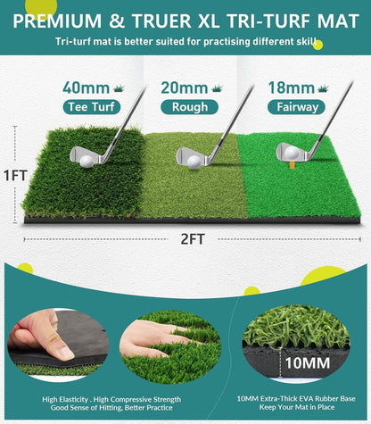 Golf Net: 10X7Ft Golf Practice Net for Backyard Driving, Hitting Net with Tri-Turf Mat, Indoor Training Chipping Aid Nets with Reduce Noise Nylon Target, for Golfers
