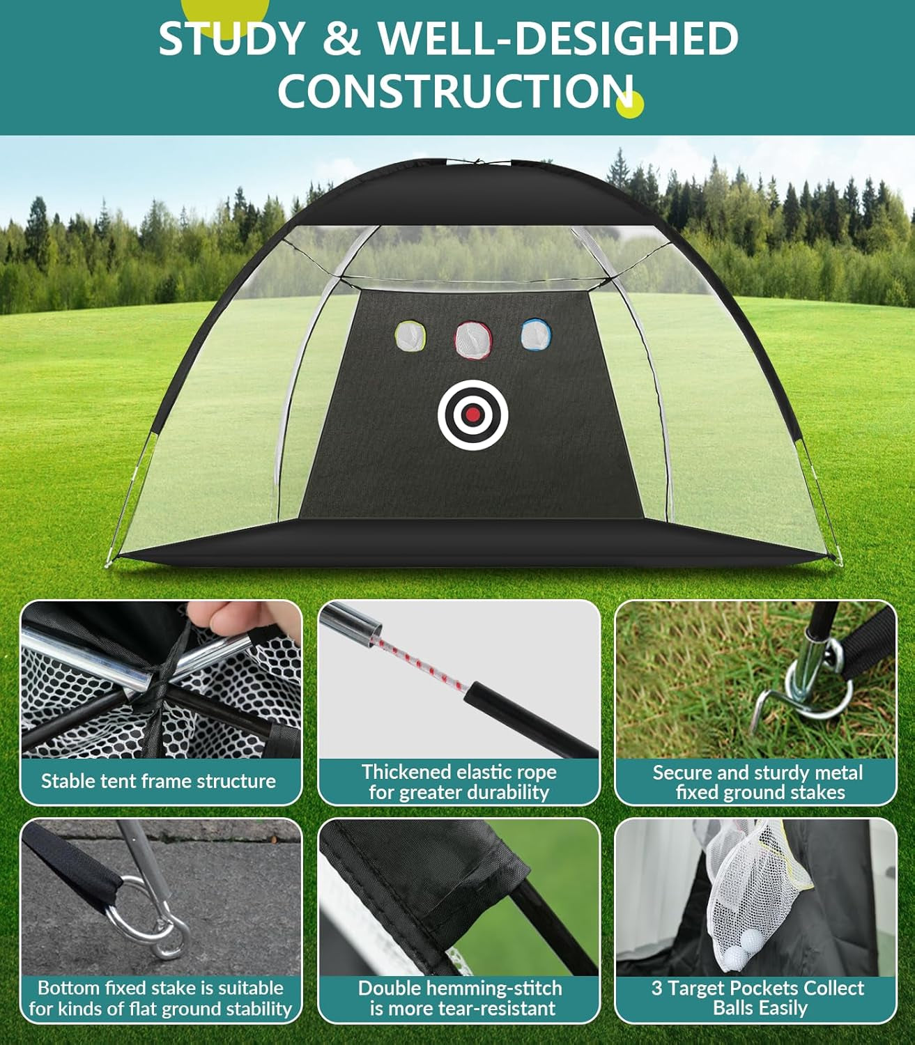 Golf Net: 10X7Ft Golf Practice Net for Backyard Driving, Hitting Net with Tri-Turf Mat, Indoor Training Chipping Aid Nets with Reduce Noise Nylon Target, for Golfers