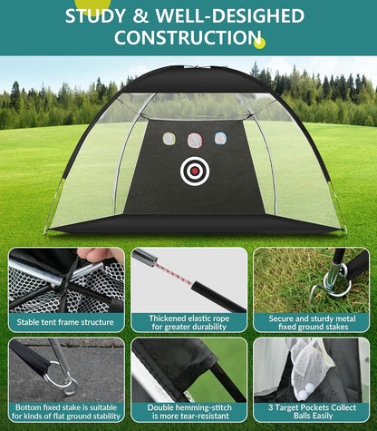 Golf Net: 10X7Ft Golf Practice Net for Backyard Driving, Hitting Net with Tri-Turf Mat, Indoor Training Chipping Aid Nets with Reduce Noise Nylon Target, for Golfers