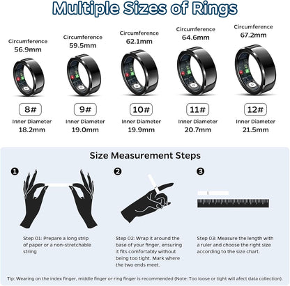 Smart Health Tracking Ring with Sleep Monitoring, Heart Rate Measurement, and Activity Tracking Features, Waterproof Design, Air Gesture Control, Up to 7-Day Battery Life, Compatible with iOS and Android (Black, Size #10)