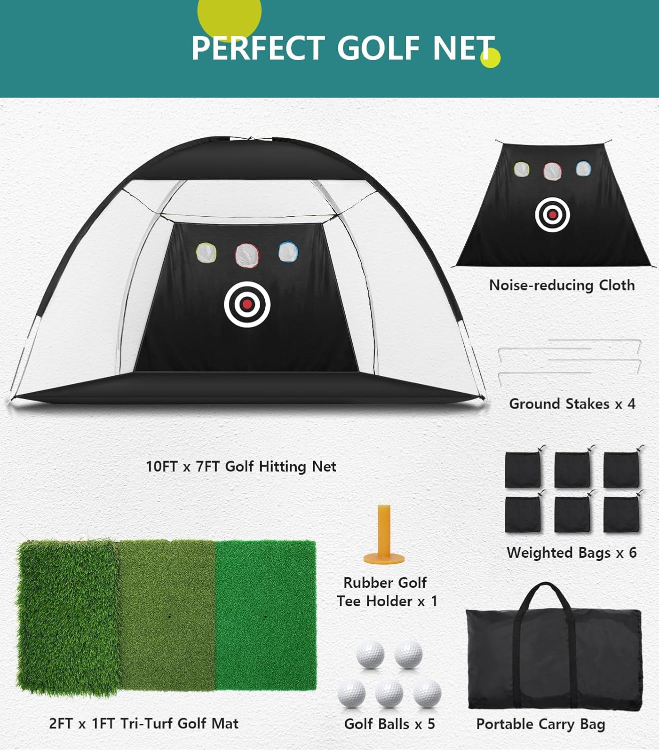 Golf Net: 10X7Ft Golf Practice Net for Backyard Driving, Hitting Net with Tri-Turf Mat, Indoor Training Chipping Aid Nets with Reduce Noise Nylon Target, for Golfers