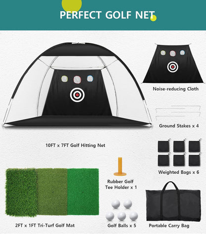 Golf Net: 10X7Ft Golf Practice Net for Backyard Driving, Hitting Net with Tri-Turf Mat, Indoor Training Chipping Aid Nets with Reduce Noise Nylon Target, for Golfers