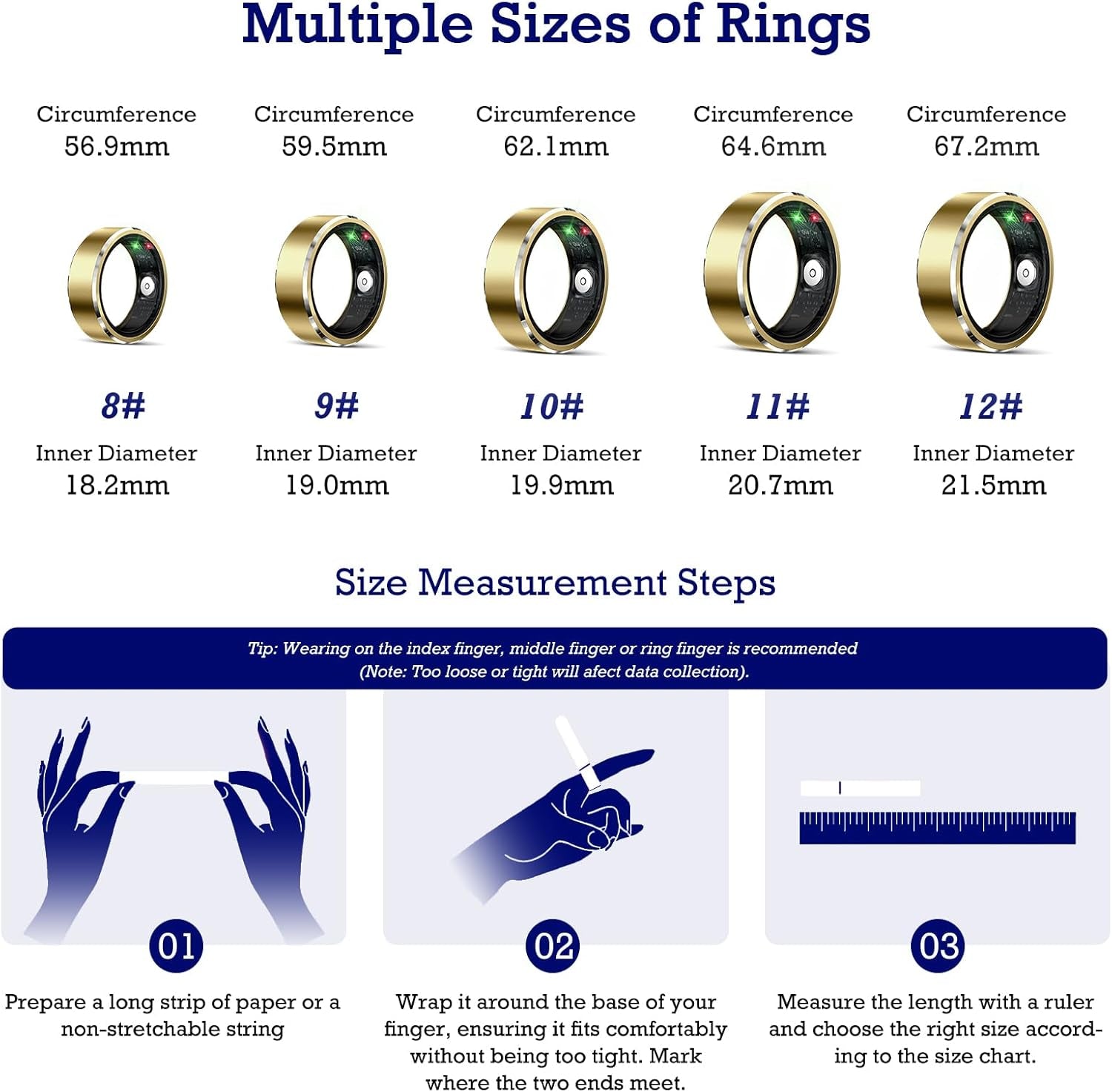 Smart Health Monitoring Ring with Sleep and Heart Rate Tracking, Waterproof Fitness Tracker for Activity, Steps, Distance, and Calories, Air Gesture Control, Up to 7-Day Battery Life, Compatible with iOS and Android (Light Gold, Size #12)