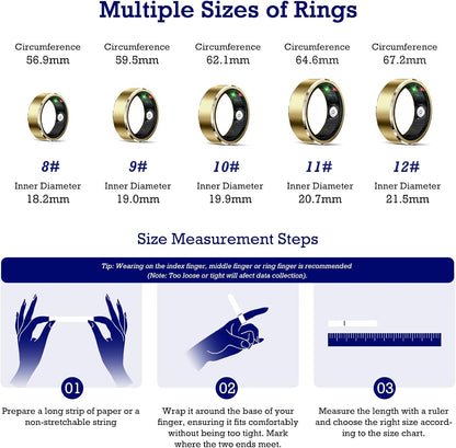 Smart Health Monitoring Ring with Sleep and Heart Rate Tracking, Waterproof Fitness Tracker for Activity, Steps, Distance, and Calories, Air Gesture Control, Up to 7-Day Battery Life, Compatible with iOS and Android (Light Gold, Size #12)
