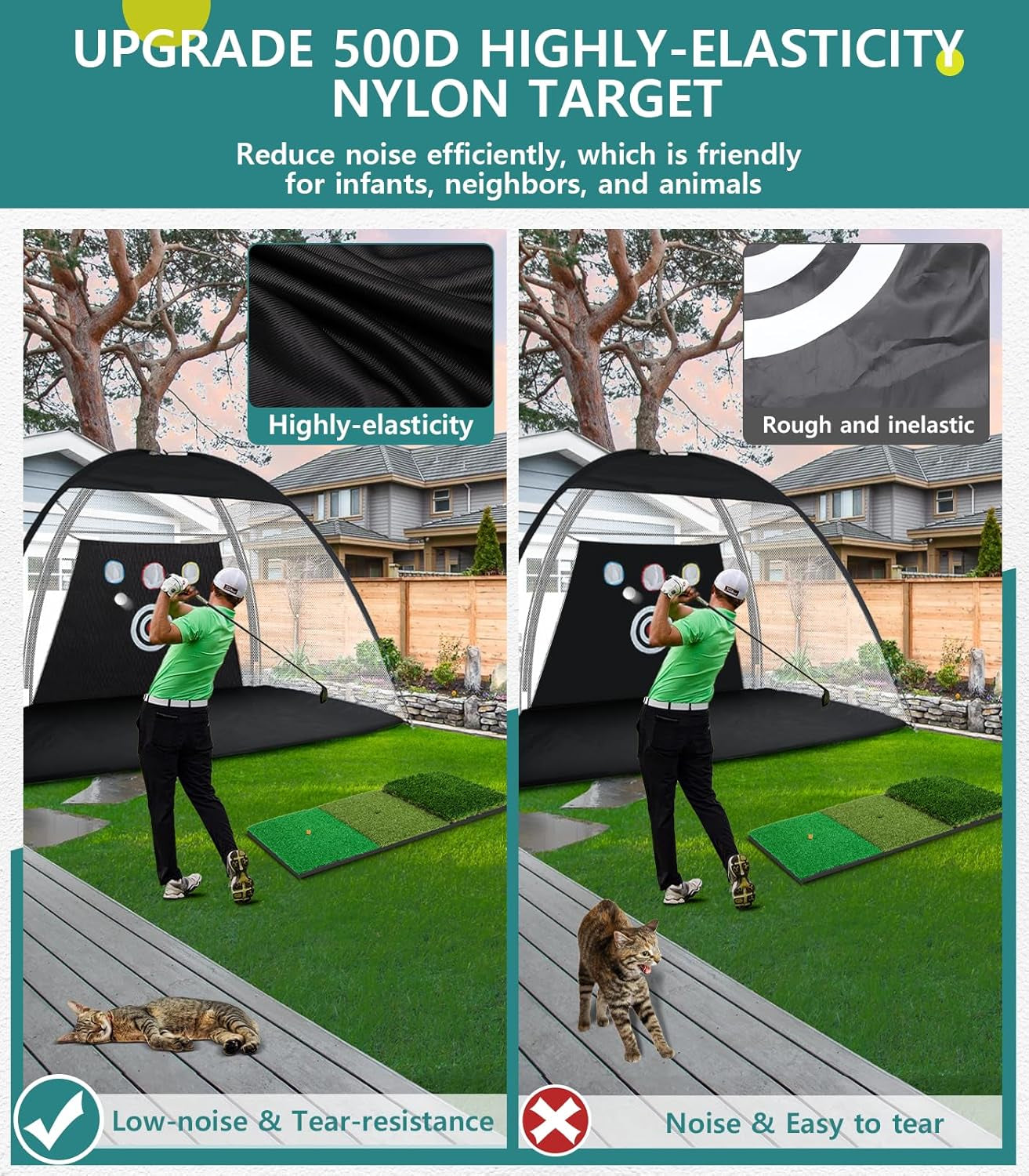 Golf Net: 10X7Ft Golf Practice Net for Backyard Driving, Hitting Net with Tri-Turf Mat, Indoor Training Chipping Aid Nets with Reduce Noise Nylon Target, for Golfers